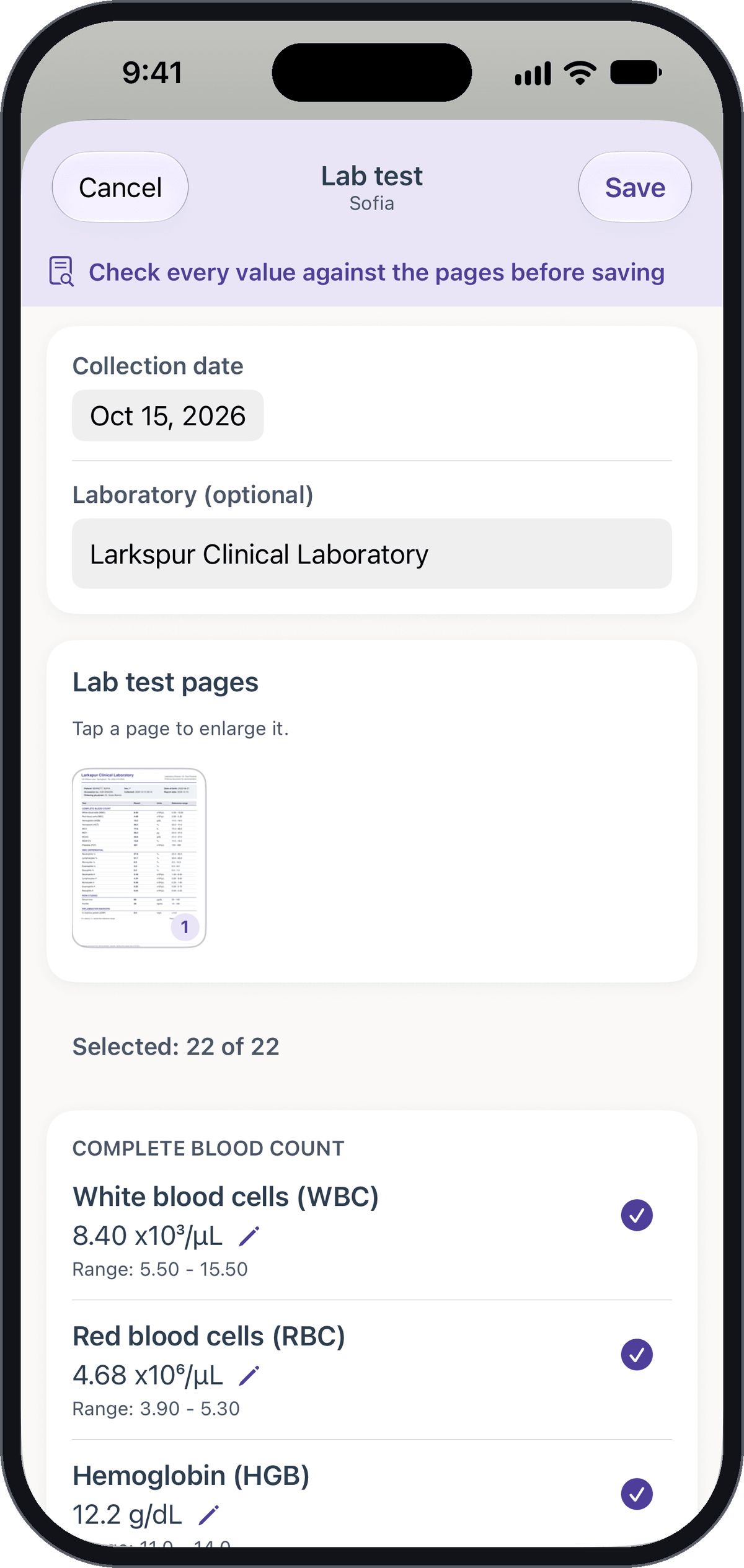 Pediary screen with the results read from a blood test, to check before saving