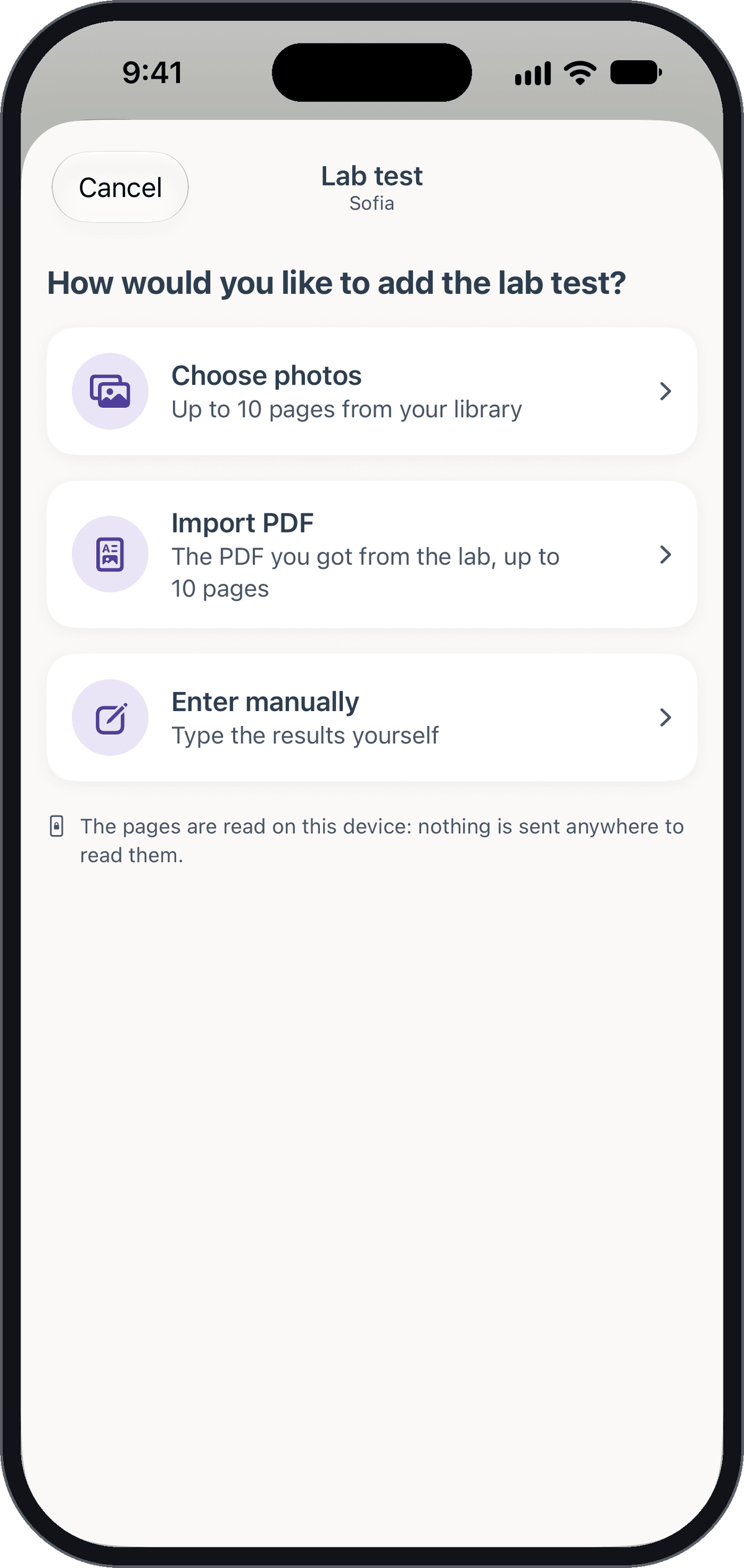 Screen to choose how to add a lab test