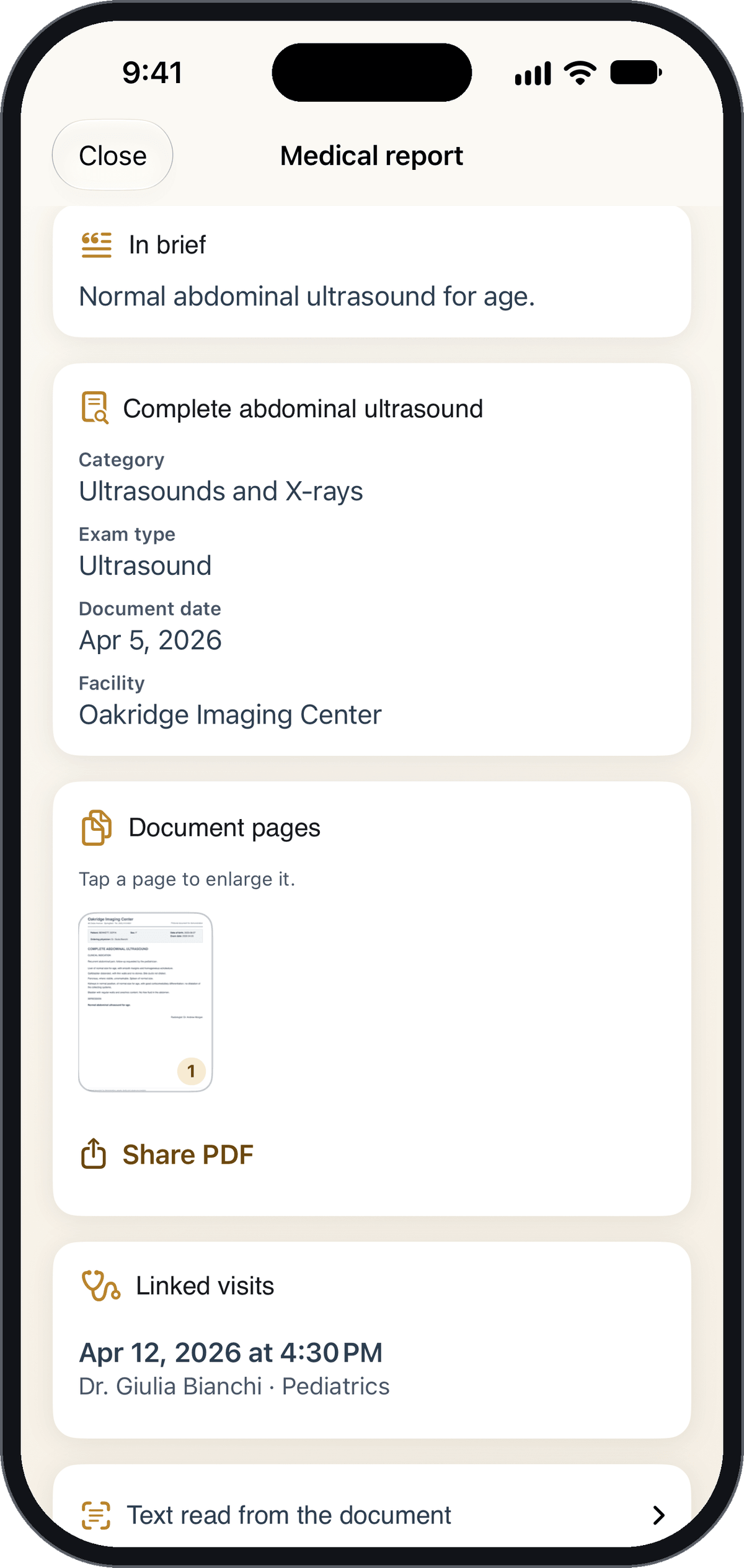 Ultrasound report with the In brief field and the linked visit