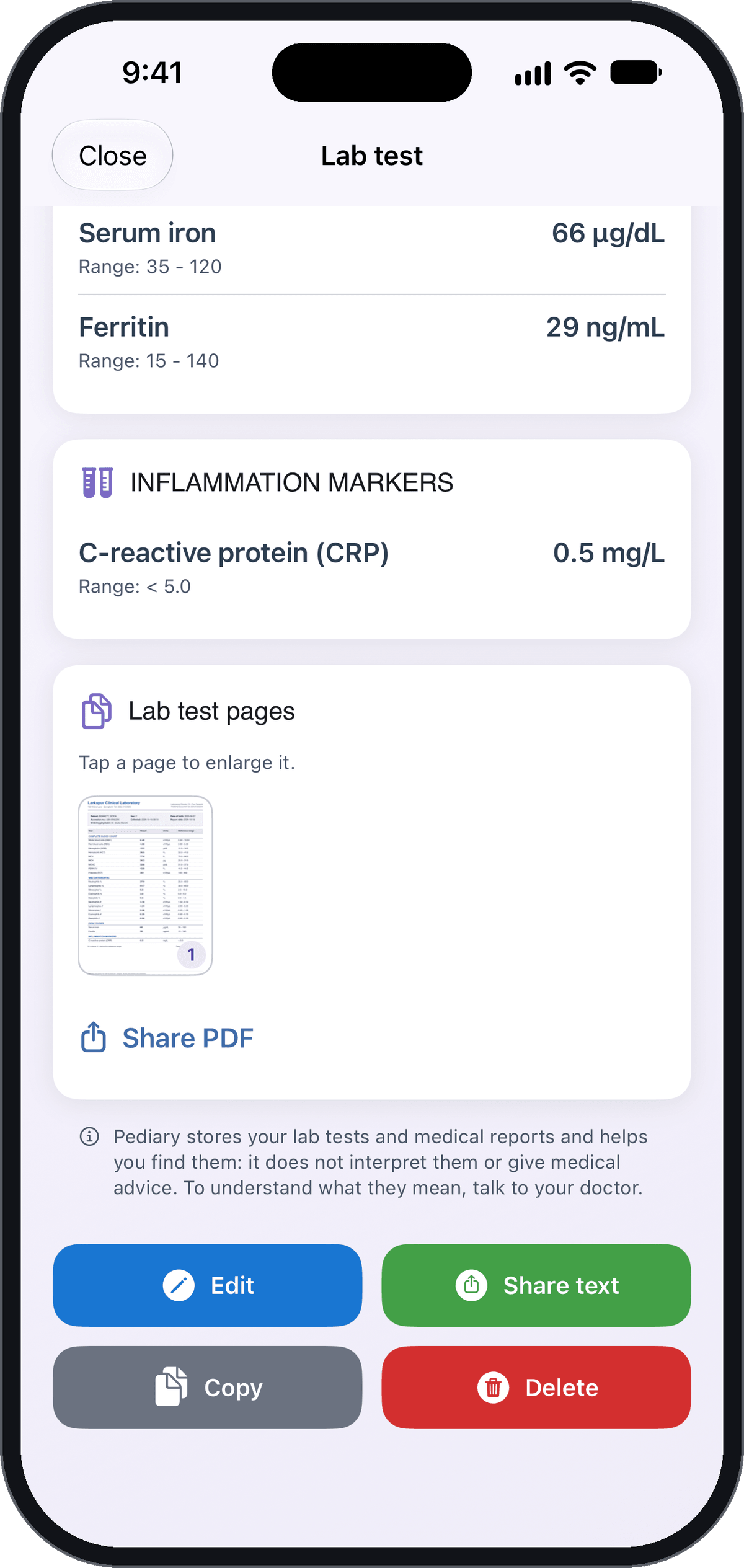 Sharing the PDF of a lab test from the phone