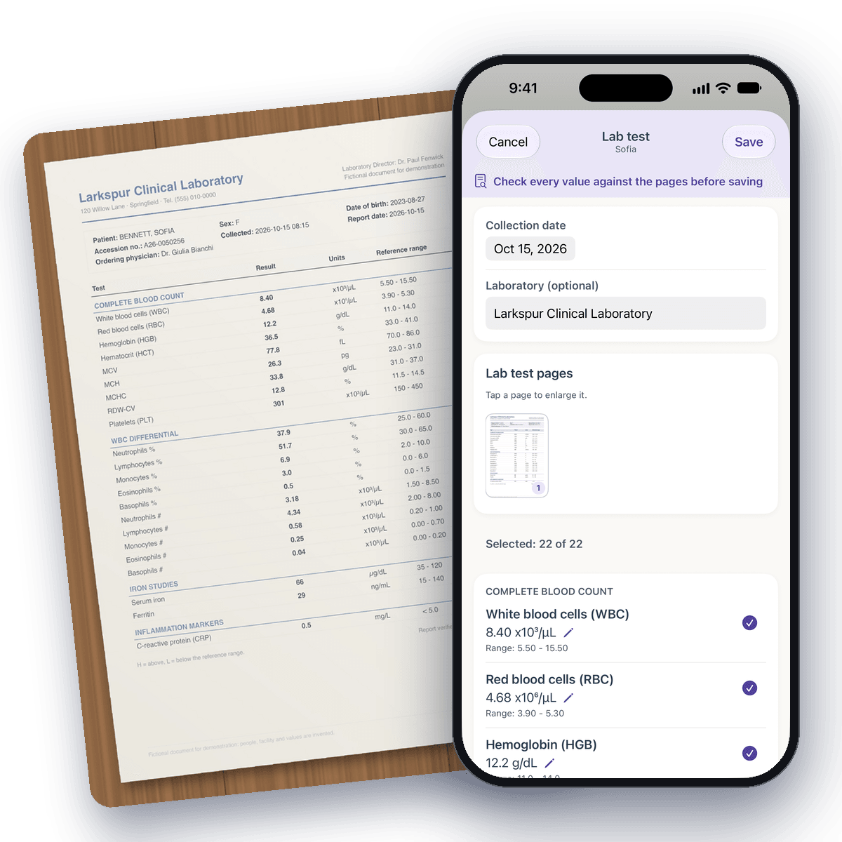 A fictional blood test report on the table, next to a phone where Pediary shows the results read from it, ready to check