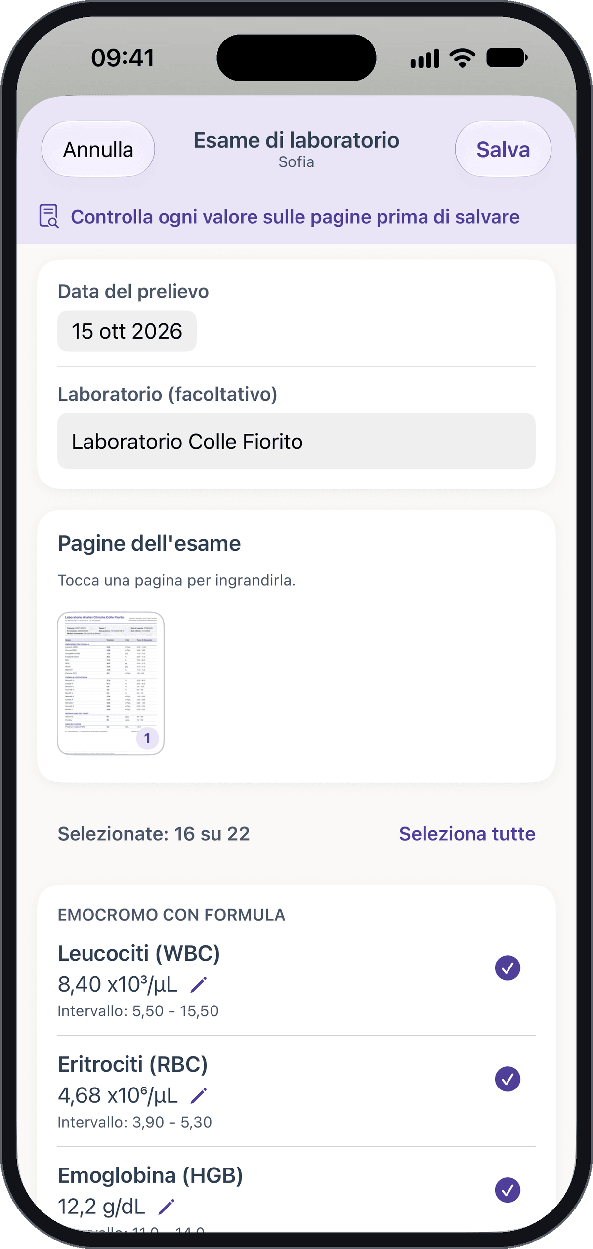 Schermata di Pediary con le voci lette da un esame del sangue, da controllare prima di salvare