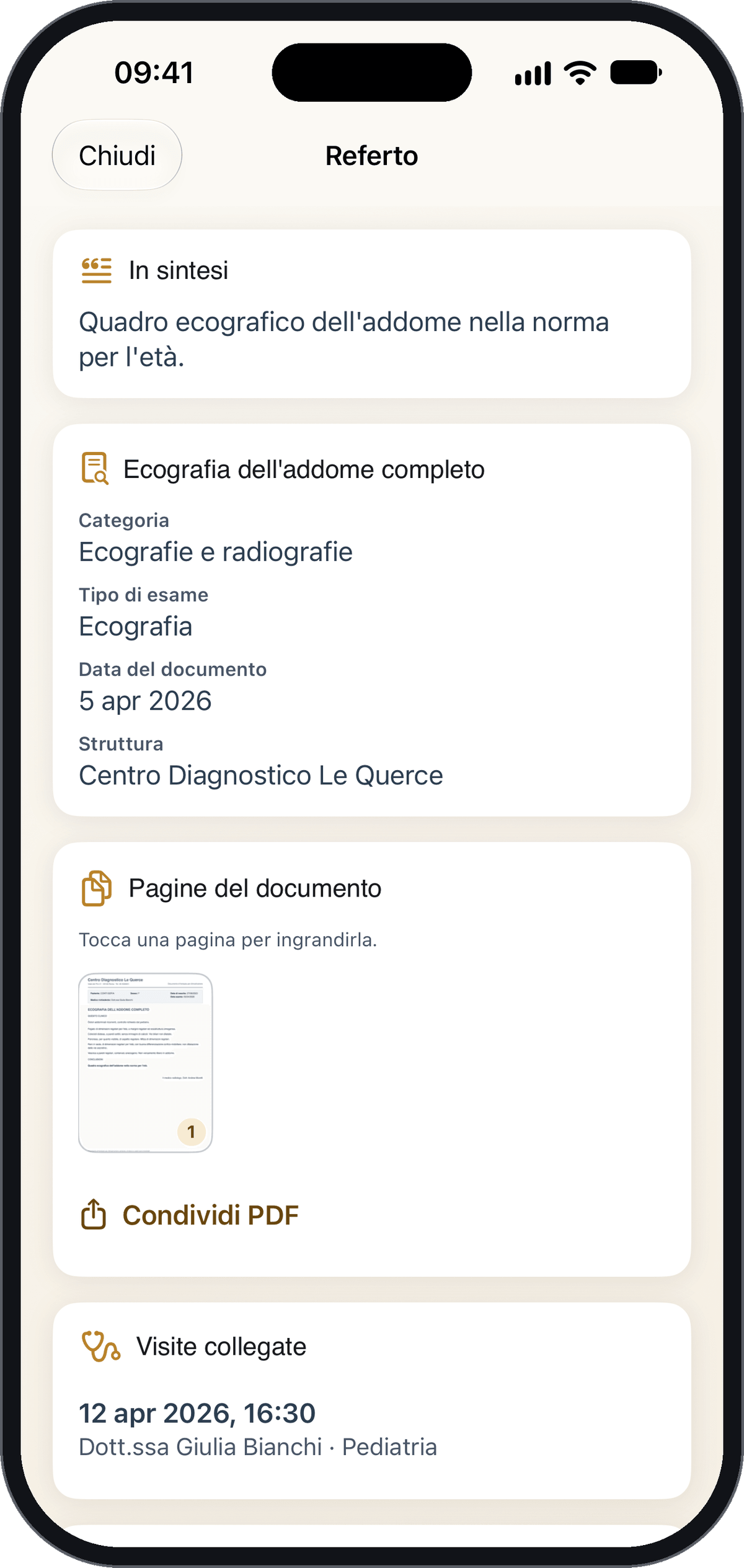 Referto di un'ecografia con il campo In sintesi e la visita collegata