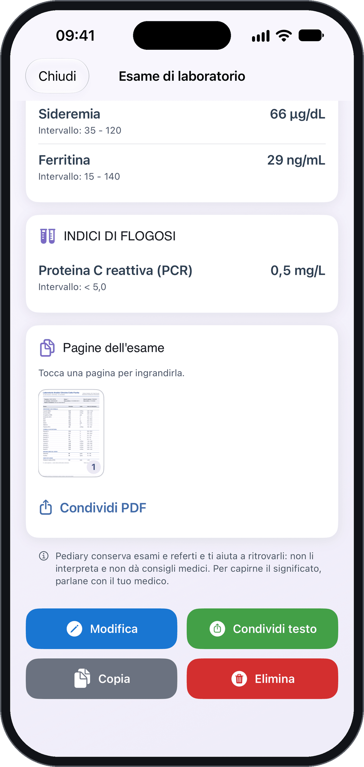 Condivisione del PDF di un esame di laboratorio dal telefono