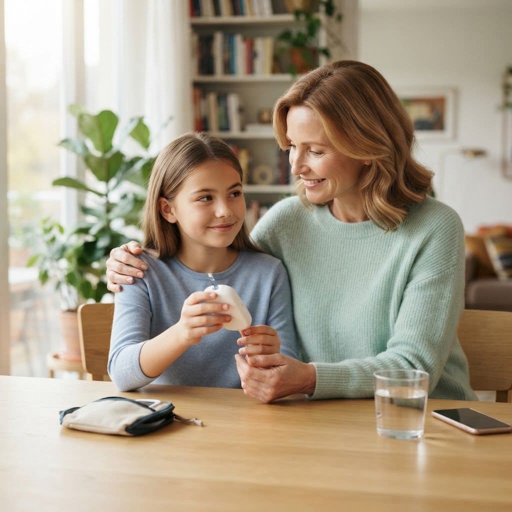Eine Mutter und ihre Tochter sitzen zu Hause am Tisch: Das Mädchen hält das Blutzuckermessgerät, die Mutter legt ihr eine Hand auf die Schulter, das Handy liegt neben ihnen auf dem Tisch